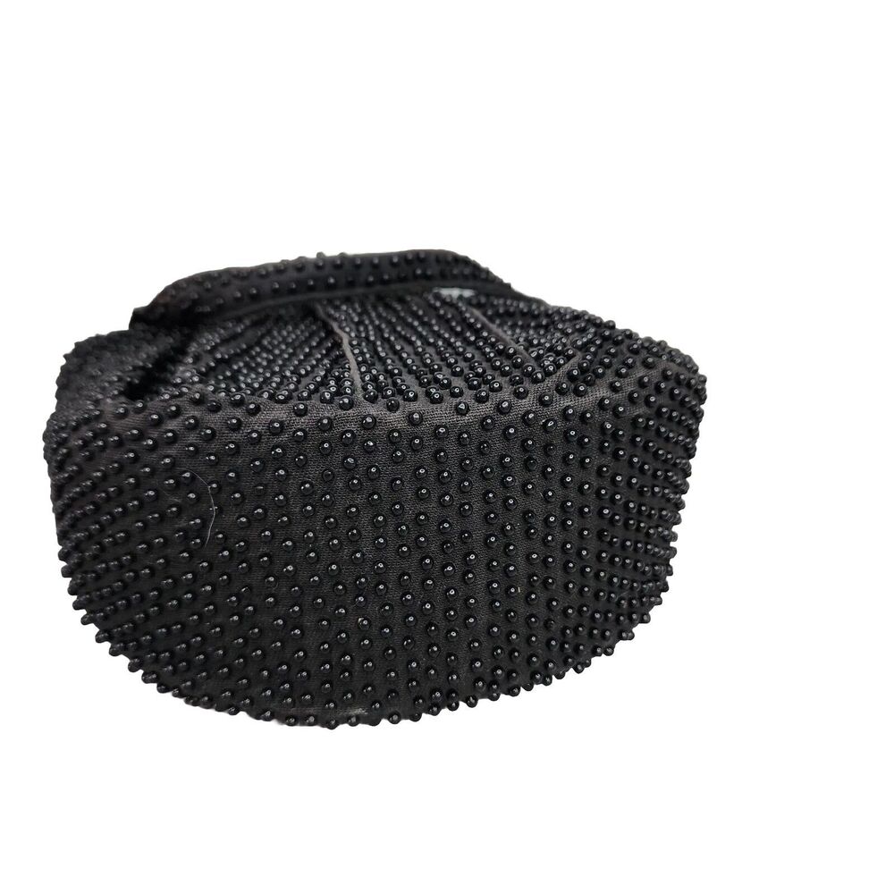 Vintage Plastic Beaded Bag Pleated Satchel Crescent Black Zippered Closure - Picture 7 of 16